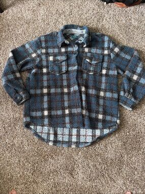 Lands' End Blue and Black Plaid Sherpa Button-Down Jacket Babe